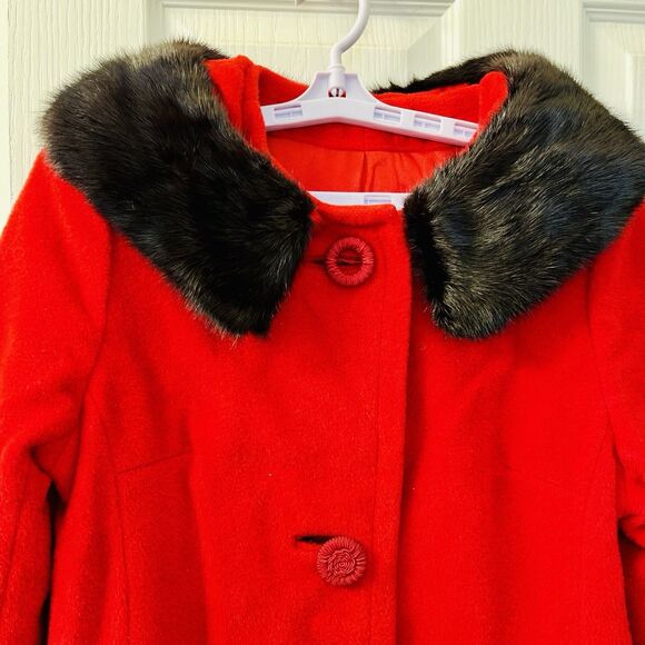 Vtg Styled by Stratton Red Wool Coat Mink Fur Collar 50s 60s Jackie O Union USA - Picture 2 of 16
